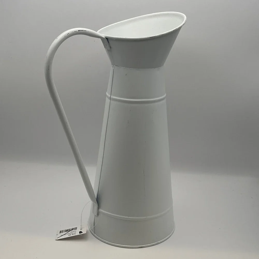 White Metal Pitcher Vase 11.5 Inch Farmhouse Decorative Jug with Handle